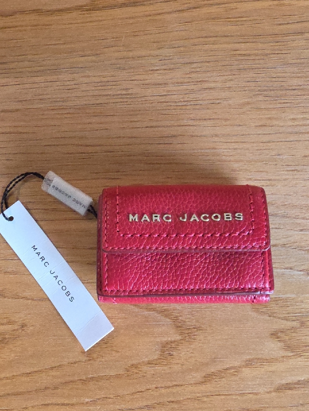 Marc Jacobs Pink-Red Pebbled Leather Card Case with Gold Logo